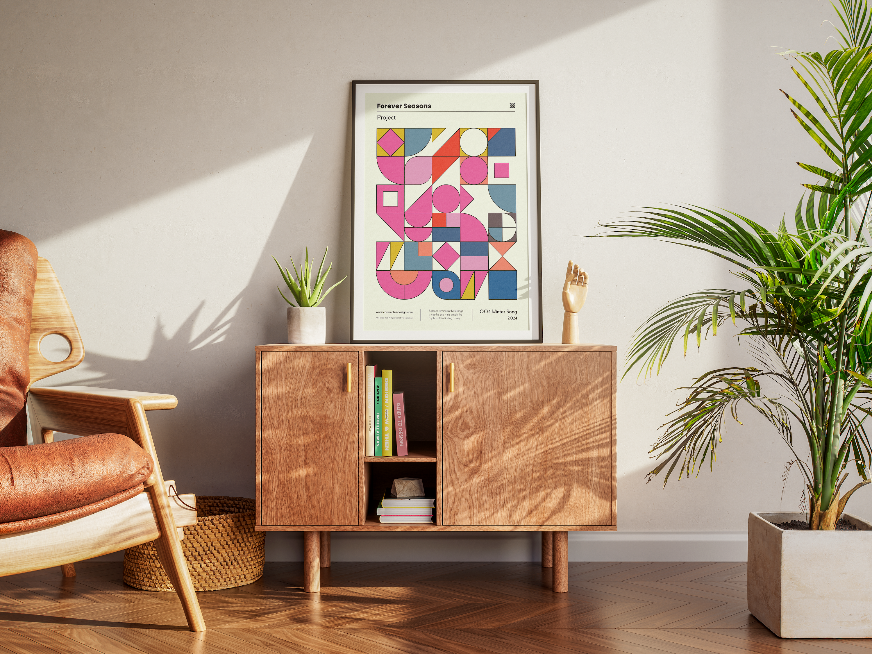 Modern living room with wooden cabinet, colorful abstract art, and plants.