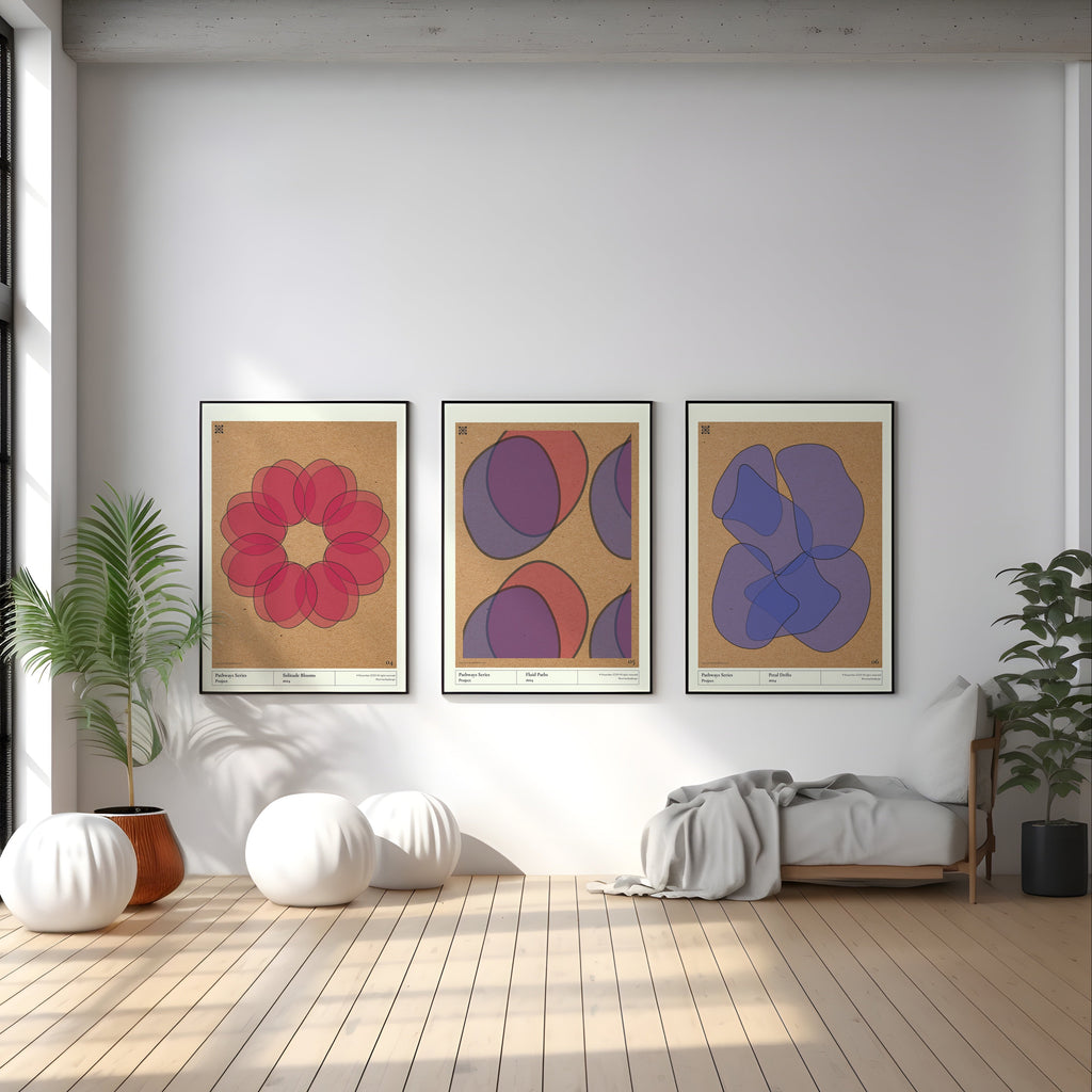 3 Modern art Images (Pathways Series) in a bright, spacious room with wooden floor, white walls, window light and pot plants.