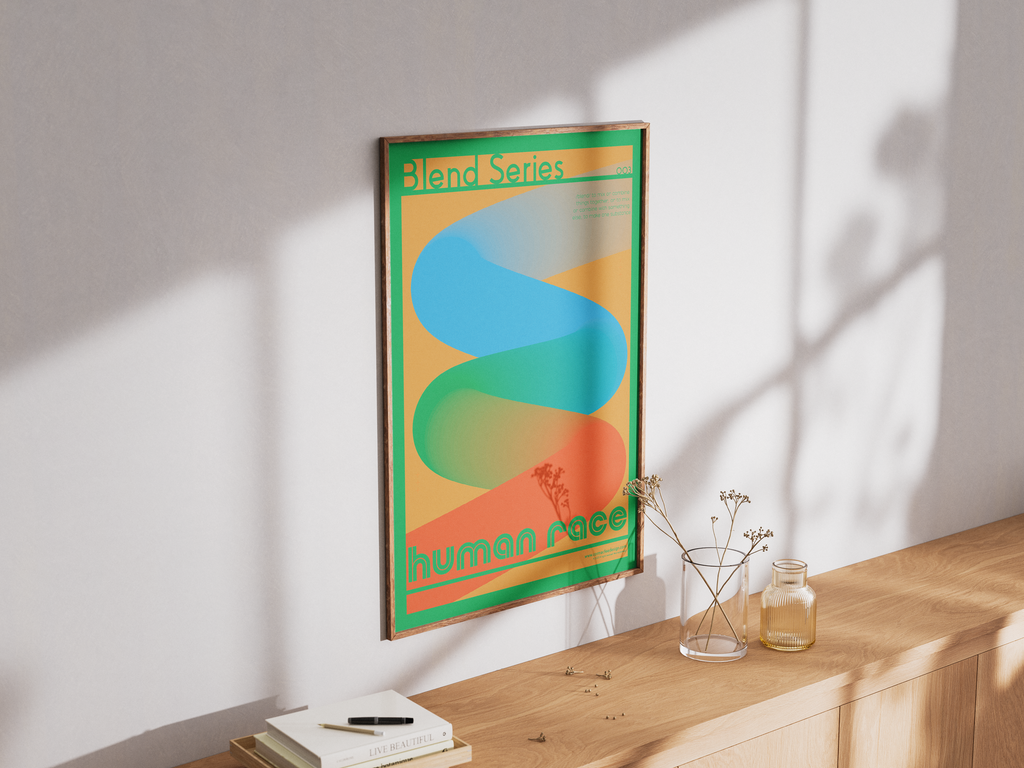 Colourful abstract poster on a wall with a wooden cabinet below
