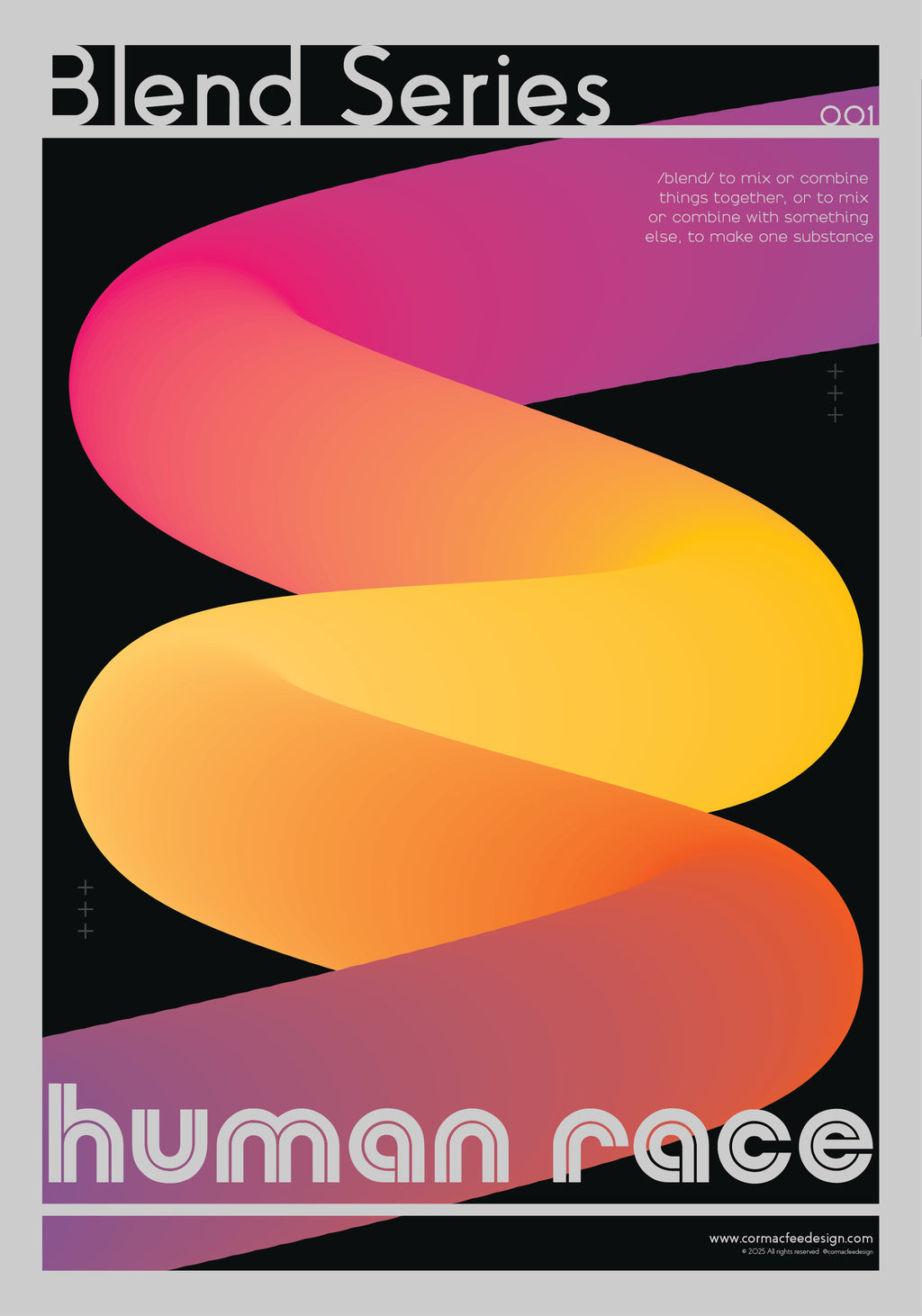 Colourful abstract design with text 'Blend Series' and 'human race' on a black background