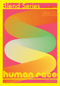 Colourful abstract design with 'Blend series, human race'  text on a pink background