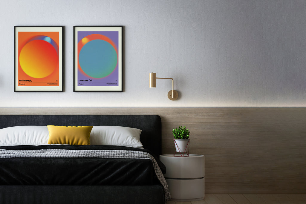 Modern bedroom with a bed, nightstand, and wall art.