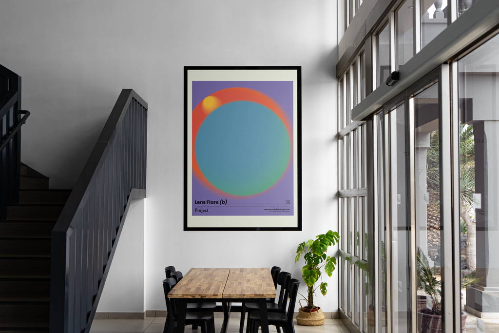 Colourful abstract art print on a wall in a modern interior setting with a staircase and table.