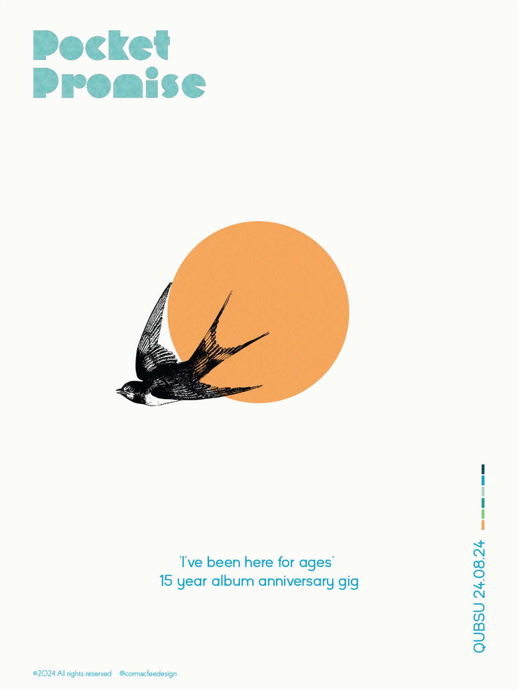 Pocket Promise gig poster with a bird, orange circle, and text on a white background