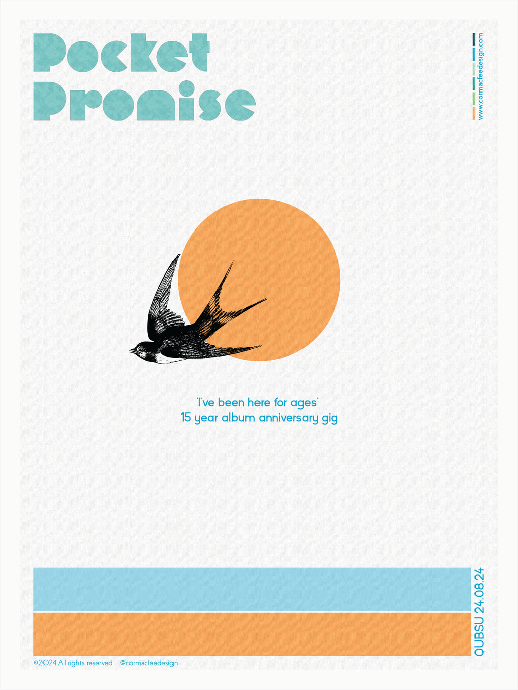 Pocket Promise gig poster with a bird, orange circle, and text on a white background