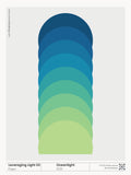 Colour swatch style poster with blue, green, and yellow shades on a white background